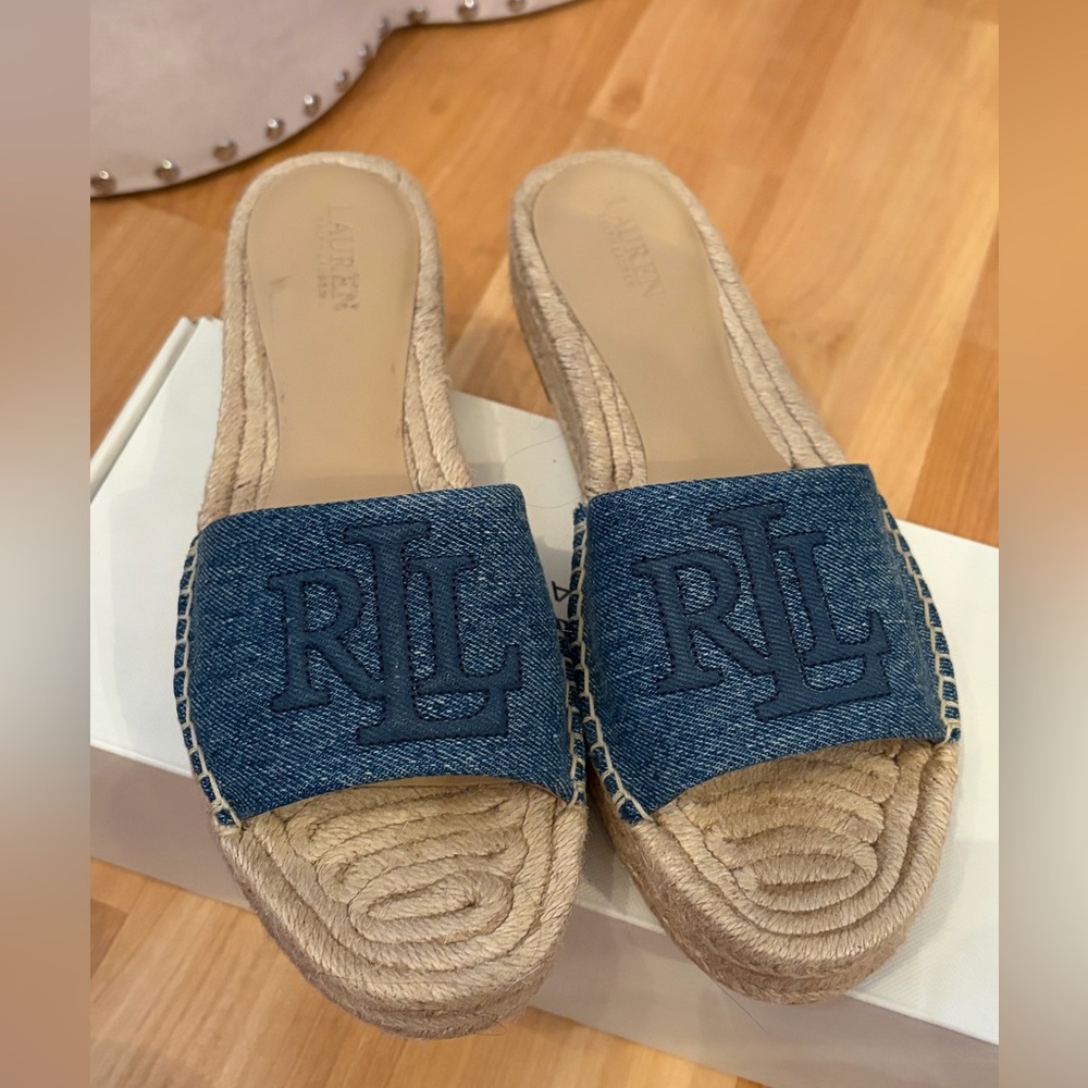 NIB Lauren Ralph Lauren Polly Washed Denim Espadrille Platform Size 8.5